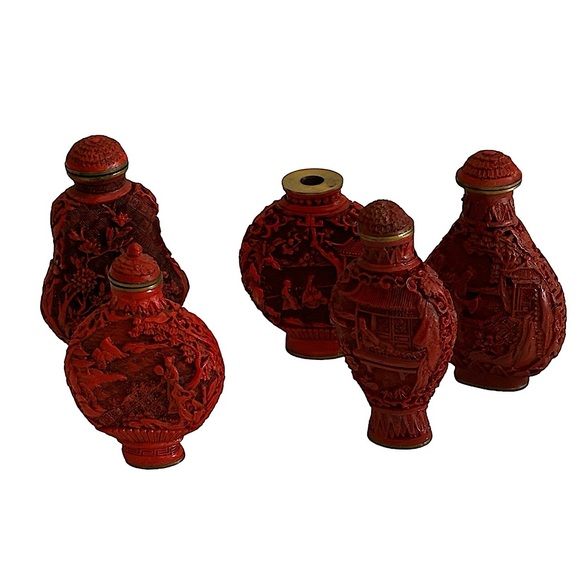 VINTAGE CHINESE RED CINNABAR CARVED SNUFF BOTTLE SET OF 5